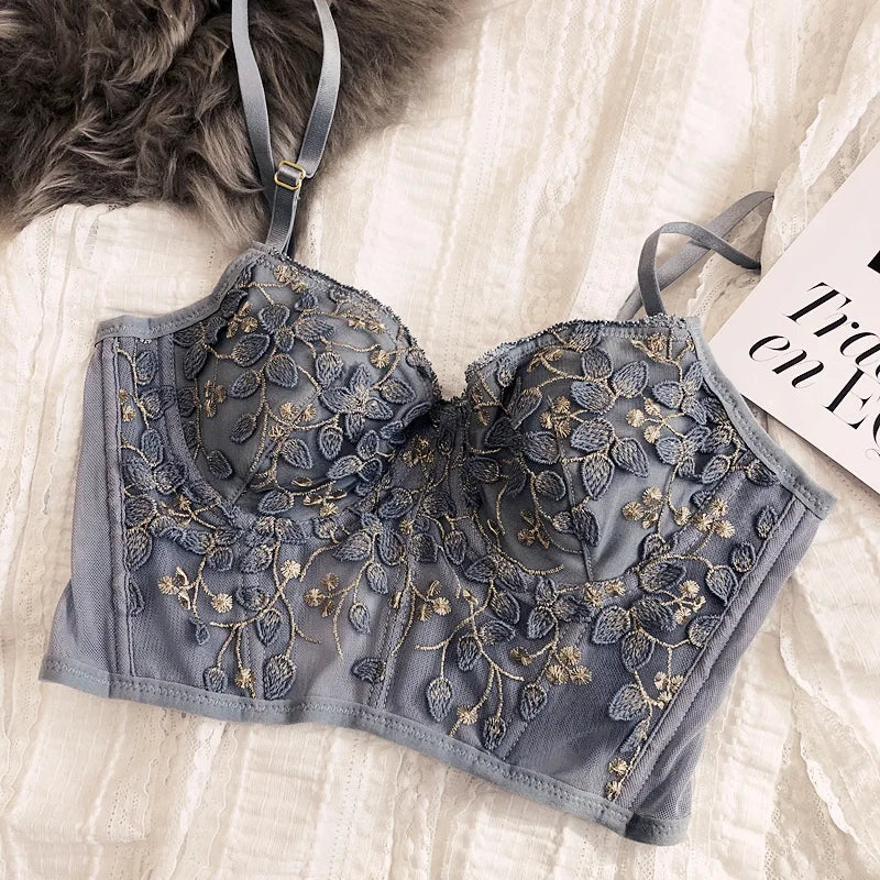 2 Pieces Sexy Lace Flowers Embroidery Underwear Set for Women French Body Shaping Push Up Bra Set Romantic White Lingerie Sets