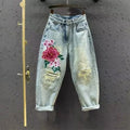 Ethnic Love Embroidered Jeans Women Elastic High Waist Cropped Harem Pants Washed Thin Summer Pants Commuter XT556