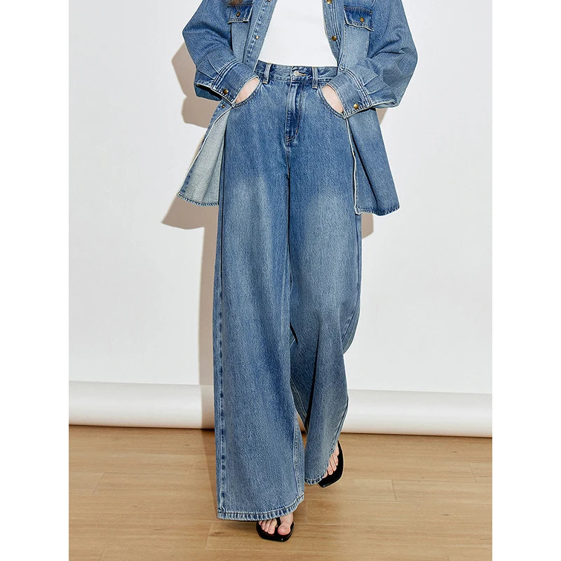 TOYOUTH Women Denim Jeans 2025 Spring New High Street Retro Pure Cotton Wide Leg Long Pants