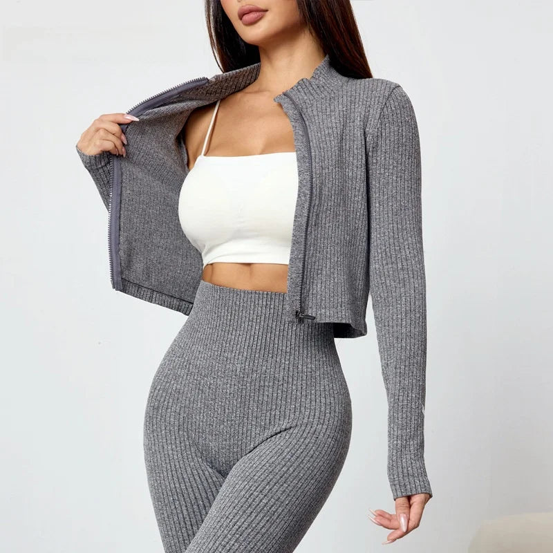 Women's Tight Fitness Yoga Outfit Set with Long Sleeves And Zipper Autumn Winter Sports Jacket And Bell Bottom Pants