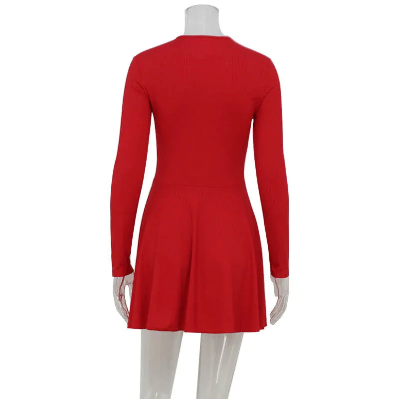 Solid Color Waist Mesh Splicing Design Women's Dress Spring And Summer New Fashion Round Neck Long Sleeve Slim A-line Dress 2025