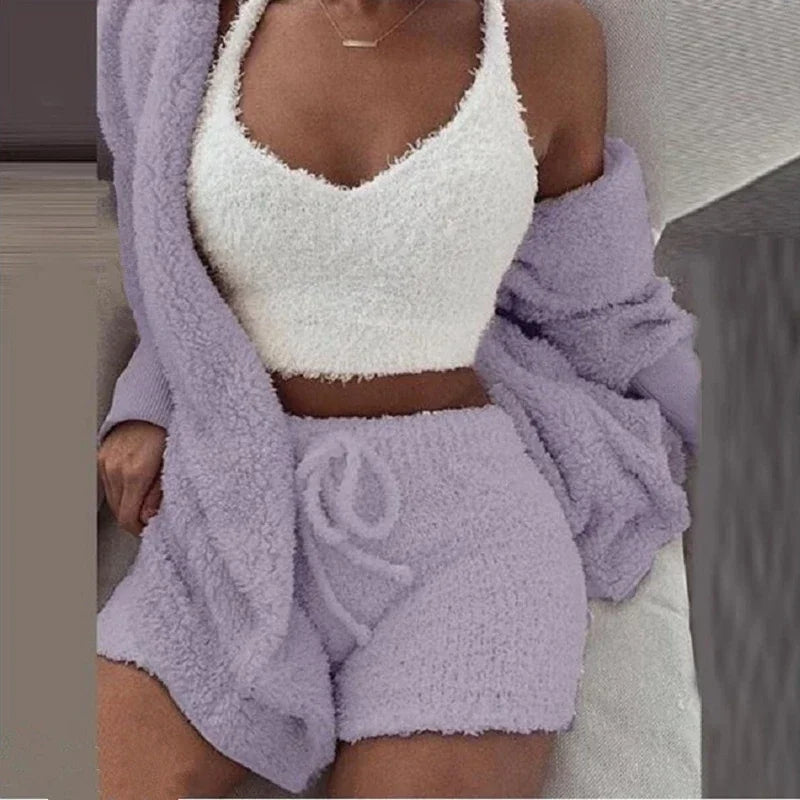 Cozy Knit 3 Pieces Set Fluffy Pajamas Women Casual Sleepwear Tank Top and Shorts Plus Size Hoodie Leisure Homsuit Winter Pijamas