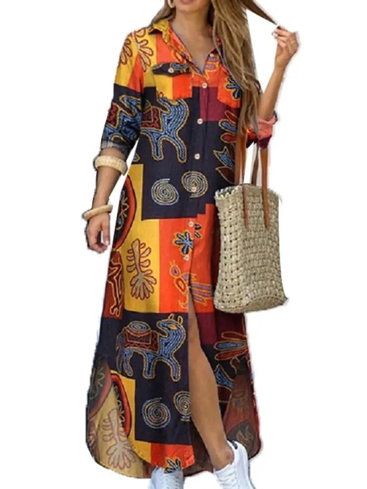 Camouflage Leopard Letters Floral Printed Dresses for Women 2025 Buttons Long Sleeve Loose Split Casual Solid Maxi Dress Robe