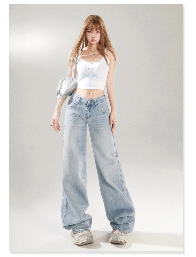 KSTUN 2025 Spring Women Wide Leg  Jeans Streetwear Loose Straight Denim Pants Vintage Low Waist Jeans For Woman Dragging Pants