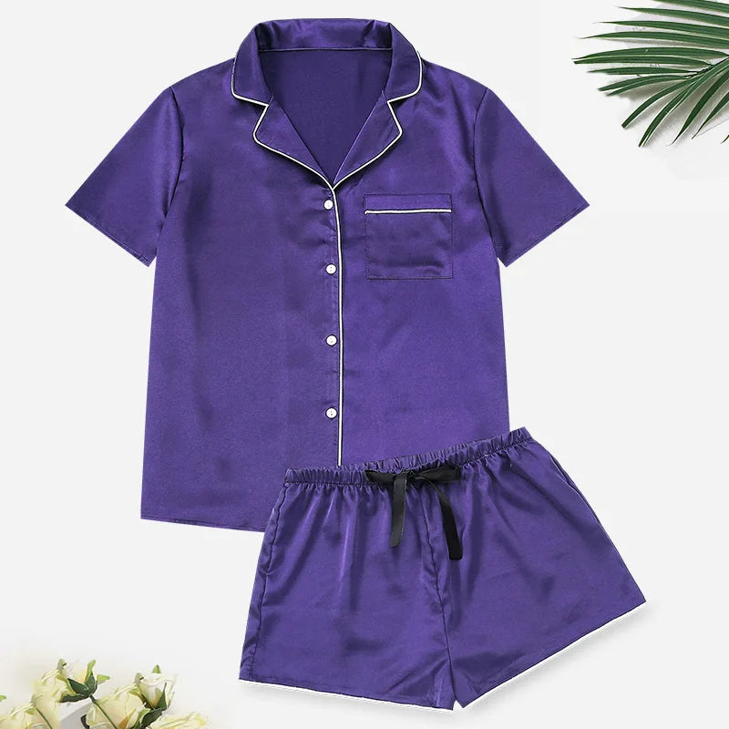 New Female Short Sleeve Shorts Pajamas Set Spring Summer Satin Sleepwer Pijamas Suit Loose Solid Green Home Wear Loungewear