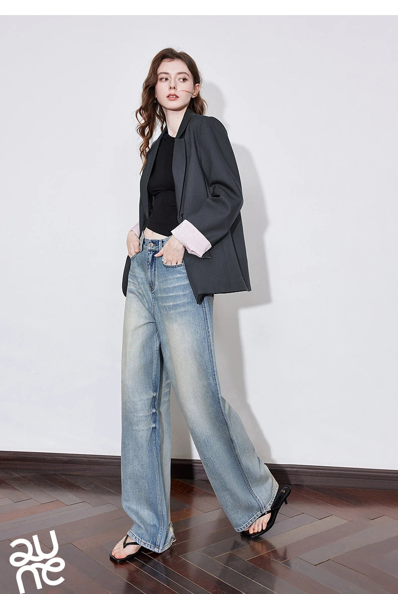 TOYOUTH Women Denim Jeans 2025 Spring New Mid Waist Wide Leg Straight Casual Long Pants