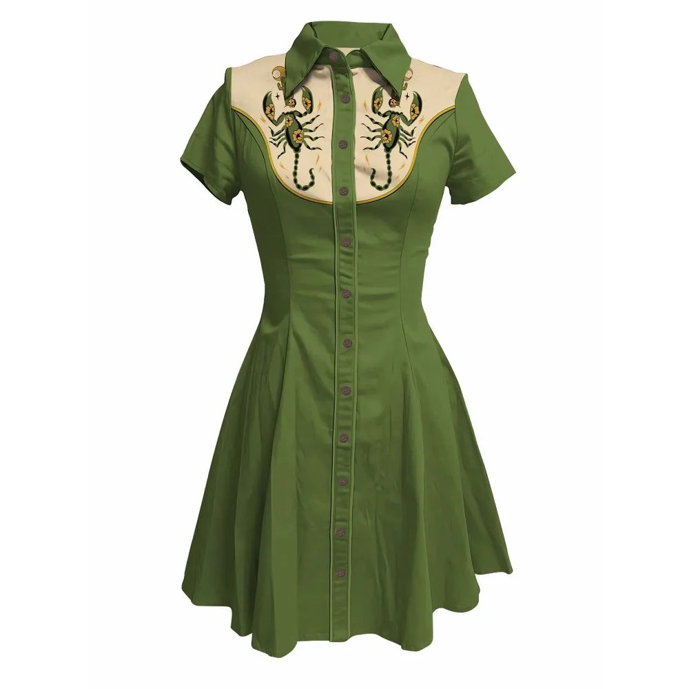 Flowers and Scorpions Printed Western Cowboy Dress for Women Sexy Girly Button-down Dress Short Sleeves 100% Cotton Summer Dress