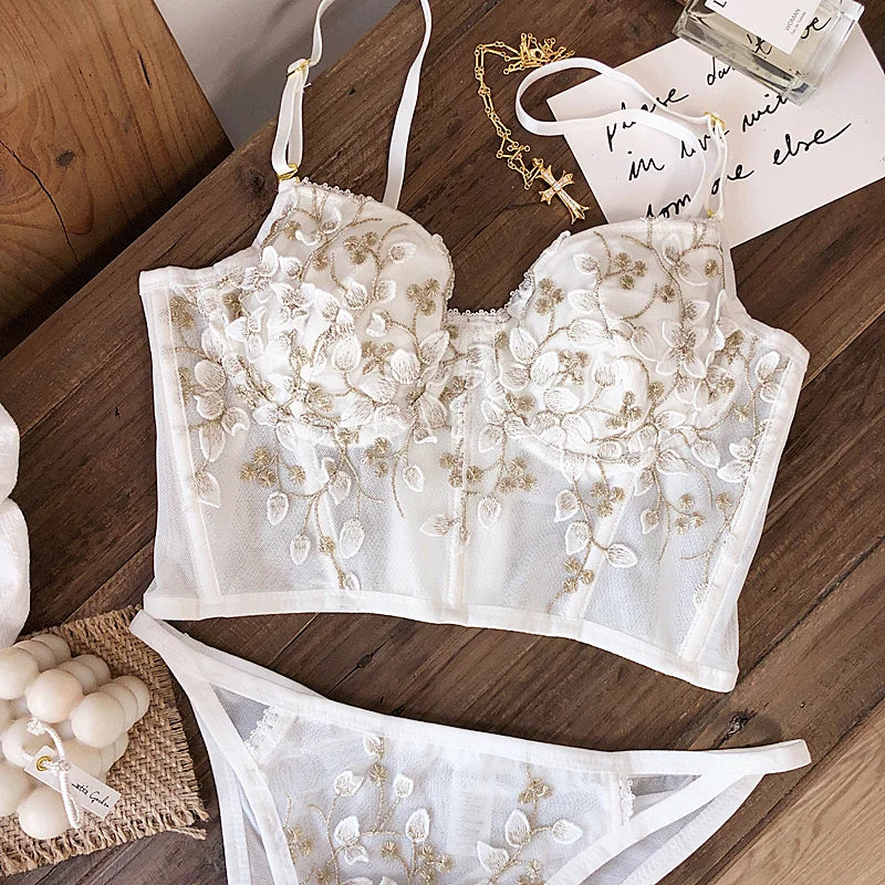 2 Pieces Sexy Lace Flowers Embroidery Underwear Set for Women French Body Shaping Push Up Bra Set Romantic White Lingerie Sets