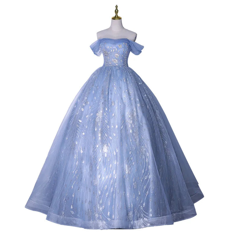 One Shoulder Evening Dress 2026 Summer New Haze Blue Vocal Art Exam Piano Performance Puffy Skirt Annual Meeting Evening Dress