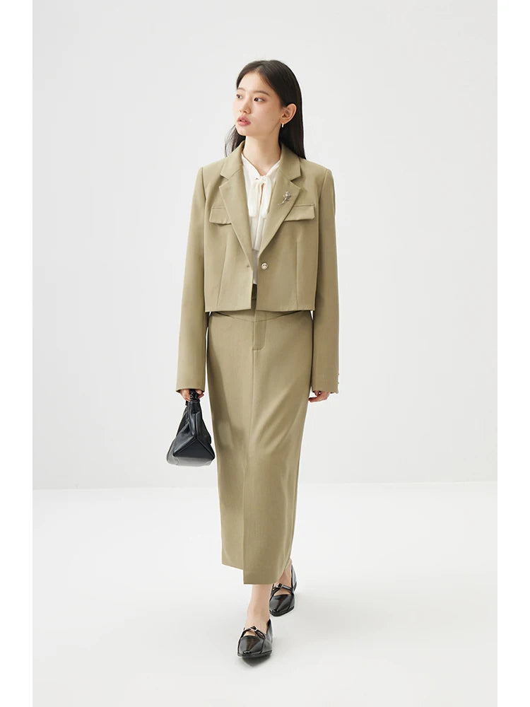 ZIQIAO Temperament One-button Brooch Short Suit for Women Spring Chic Commuter Straight Long Skirt + Short Blazer Jacket Female