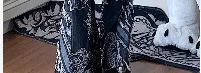 American Subculture Printed Dragon Pattern Raw Edge Slightly Flared Jeans Women's Personalized Low-waisted Slim Fit Flared Pants