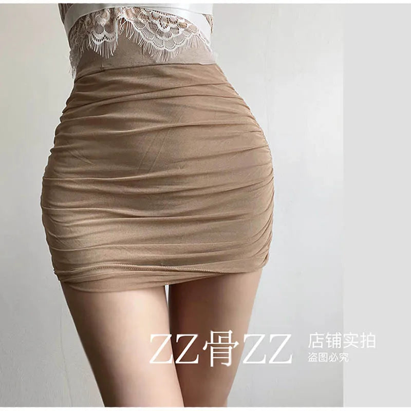 2024 New Skorts Summer New Style Street Sexy Solid Color Mesh Pleated Slim High Waisted Skirt Fashion Sweet Mesh  AWH9