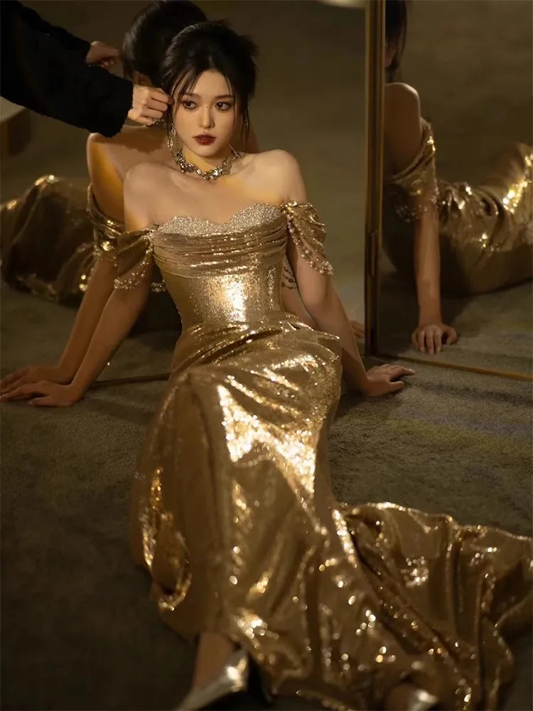 Lautaro Spring Praty Birthday Evening Dresses Woman Off Shoulder Backless Elegant Luxury Prom Floor Length Gold Sequin Dress