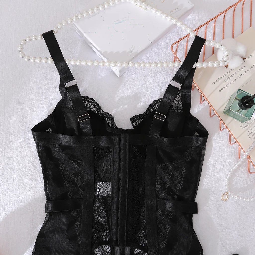 Cross border 2025 gathering body shaping one-piece fishbone lace see through lace sexy lingerie two-piece set