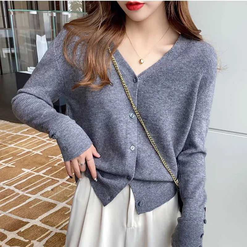 2025 Autumn And Winter Casual Sweater V Neck Women Korean Fashion Tops Long Sleeve Solid Basic Knitted Cardigan Female