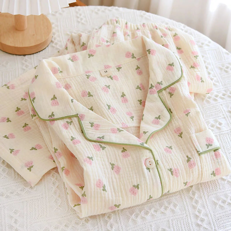 2023 Winter Women's Long Sleeved Pants Pajamas 100% Cotton Tulip Printing Home Service Set Simple Comfortable Pajamas Set