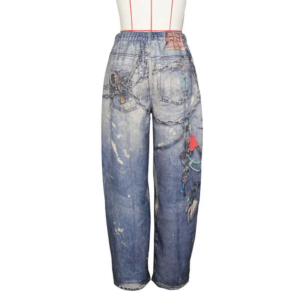 DEAT Fashion 3D Printed Wide Leg Curved Jeans Women's High Waist Loose Blue Streetwear Denim Pants New Tide Summer New 7AB9379