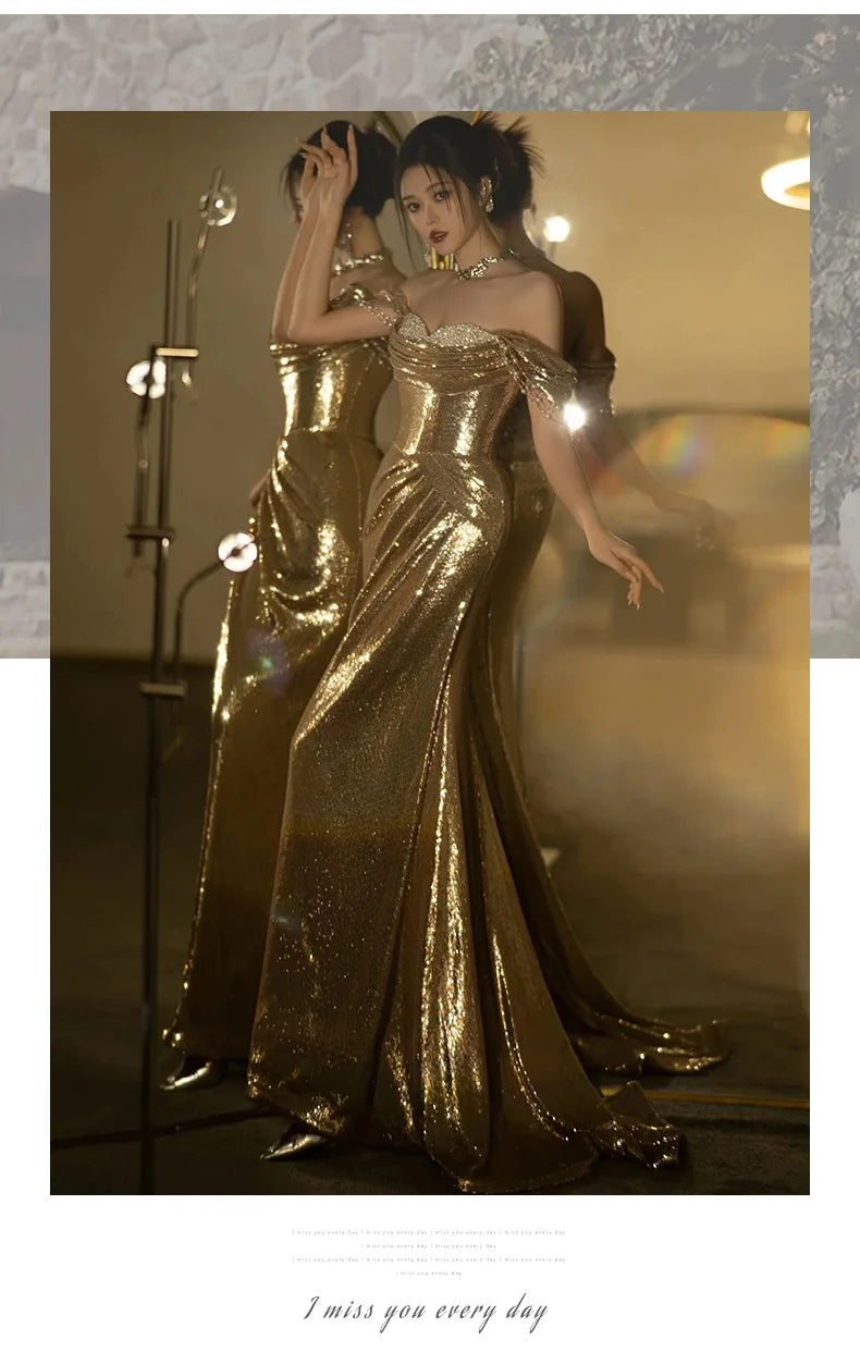 Lautaro Spring Praty Birthday Evening Dresses Woman Off Shoulder Backless Elegant Luxury Prom Floor Length Gold Sequin Dress