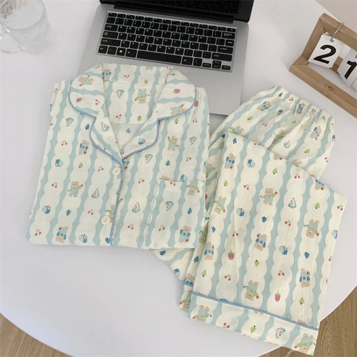 Autumn Women's 2 Piece Sets Print Polka Dot Sweet Kawaii Pajama Set Singer Breasted Top and Pants Women Casual Pajama Sets 2024