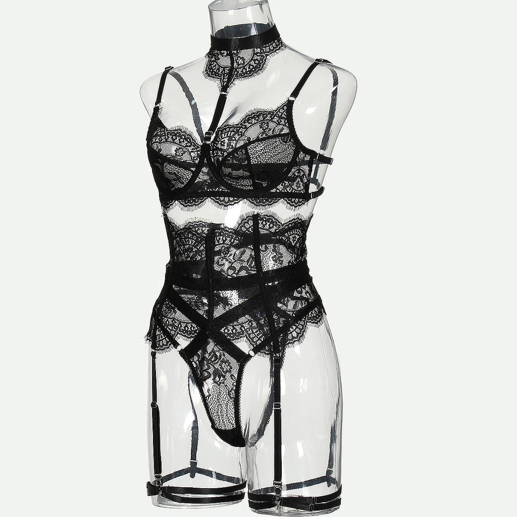 MUZISKAT 2025 New Lace Splicing Body Shaping Erotic Suit See-Through Neck Sexy Lingerie Four-Piece Set
