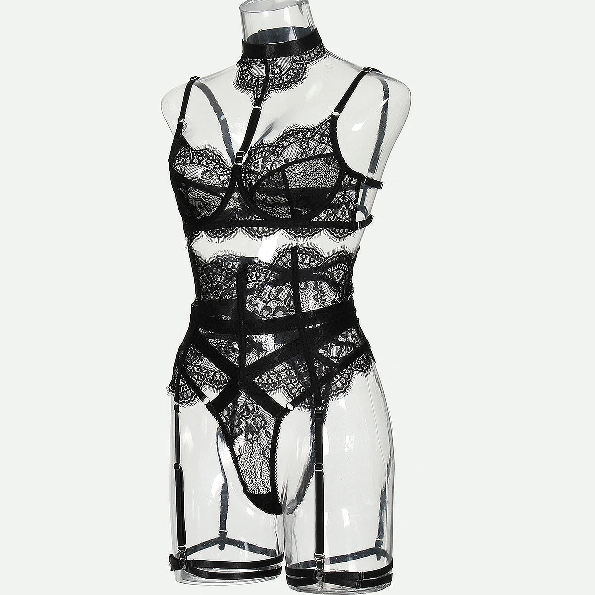 MUZISKAT 2025 New Lace Splicing Body Shaping Erotic Suit See-Through Neck Sexy Lingerie Four-Piece Set