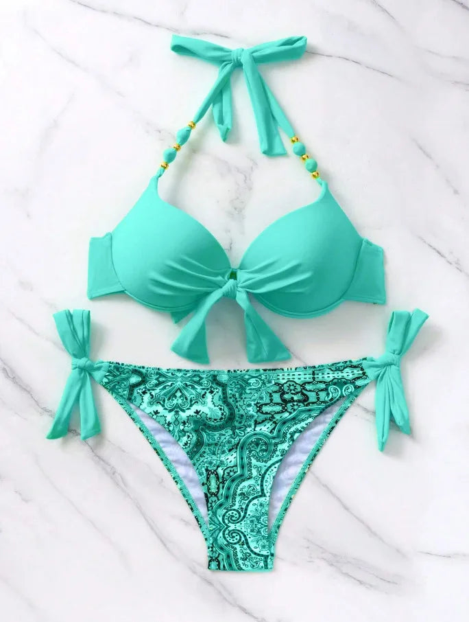 2026 Push Up Halter Bikini Printed Swimsuit Women Sexy Strappy Swimwear Female Bathers Bathing Swimming Swim Suit Beachwear