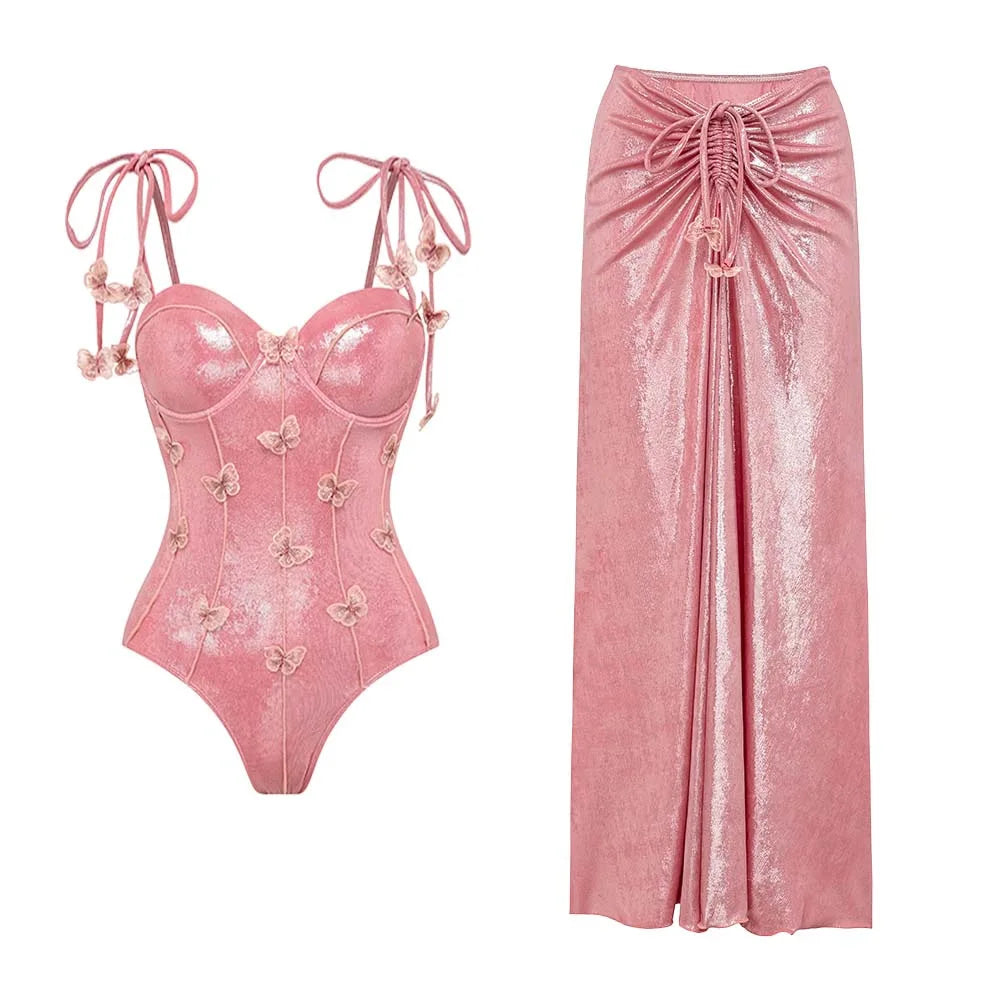 Bikini Bodysuit Swimwear Women With Skirt Bathing Suit Summer New Ruffle Splice Print Beachwear Holiday Bikini Cover Ups Outfits