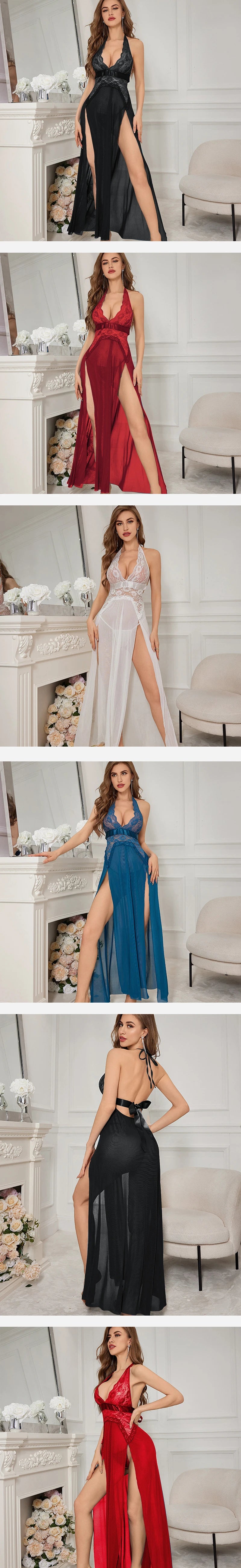 Deep V-Neck Pajama Long Skirt Lace Mesh Hanging Neck High Slit Dress Women's Summer Sexy Pajama Skirt