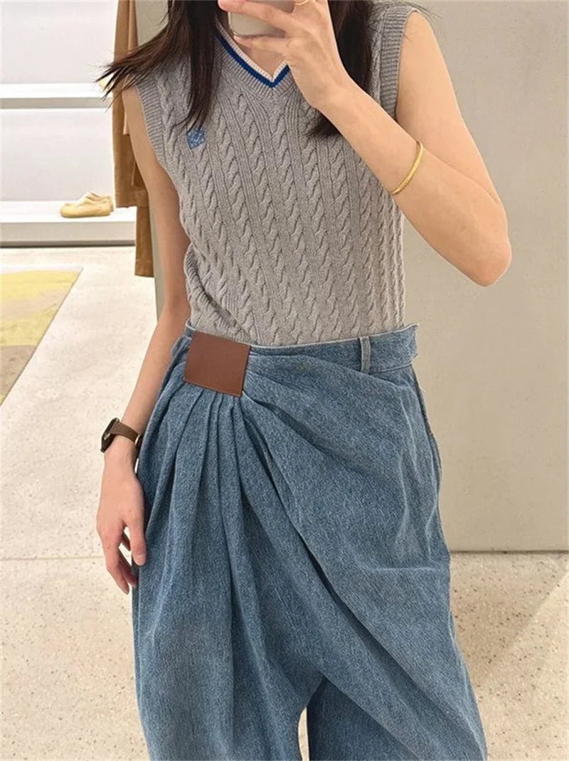 Limiguyue Luxury Brand Loose Pleated Casual Wide Leg Jeans Women Spring Autumn Mid Waist Denim Trousers Washed Long Pants 231A
