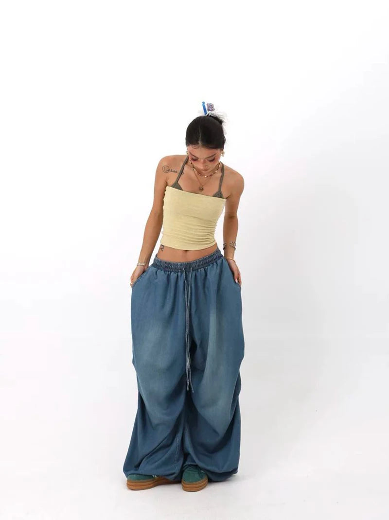 Autumn Oversized Women Wide Leg Jeans Y2K Hip Hop Streetwear Loose Denim Pants High Waist Drawstring All Match Straight Trousers