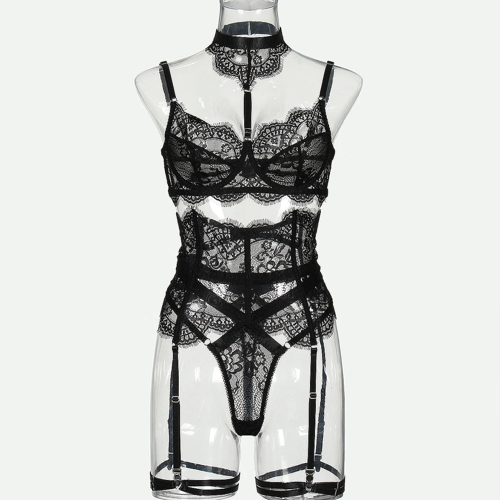 MUZISKAT 2025 New Lace Splicing Body Shaping Erotic Suit See-Through Neck Sexy Lingerie Four-Piece Set