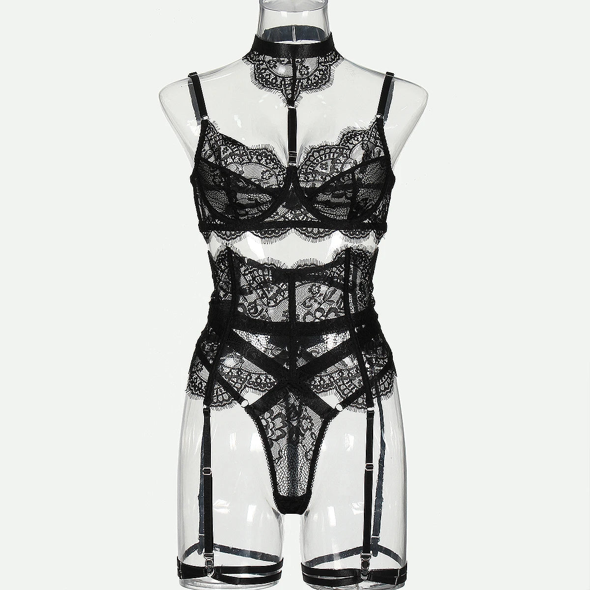 MUZISKAT 2025 New Lace Splicing Body Shaping Erotic Suit See-Through Neck Sexy Lingerie Four-Piece Set