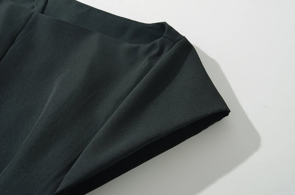 2024 Sexy Slash Collar Short Sleeve Low Waist Midi Dress Women Hollow Out Back Backless Pleated Swing A-line Party Robe Black