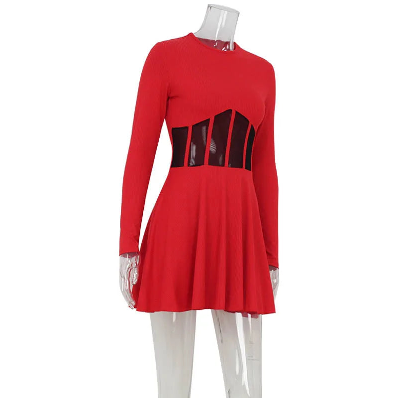 Solid Color Waist Mesh Splicing Design Women's Dress Spring And Summer New Fashion Round Neck Long Sleeve Slim A-line Dress 2025