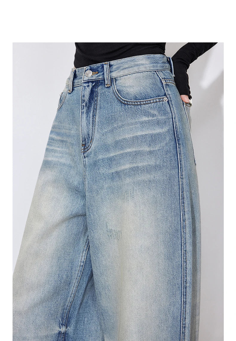 TOYOUTH Women Denim Jeans 2025 Spring New Mid Waist Wide Leg Straight Casual Long Pants