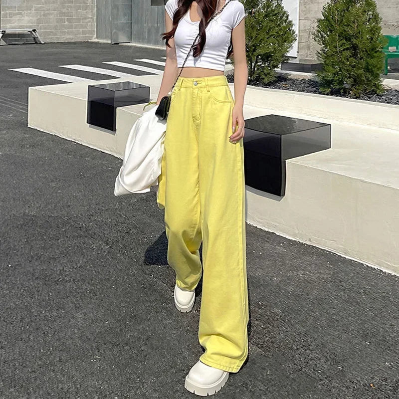 Loose Straight Leg Jeans, Korean Version of Women's Autumn Water Washing High-waisted Wide-leg Pants, Casual Floor-length Jeans