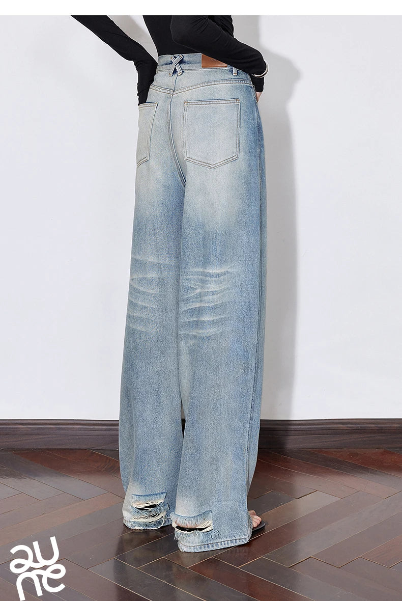 TOYOUTH Women Denim Jeans 2025 Spring New Mid Waist Wide Leg Straight Casual Long Pants