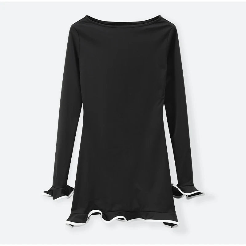 Women Solid Color Ruffles Hem Mini Dress Elegant O Neck Long Sleeve Slim Fit Gown Summer Vacation Holiday Party Dress