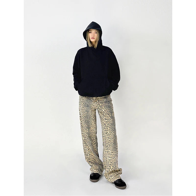 American Retro High Street Casual Overalls Leopard Print Loose Wide Leg Pants For Women Y2k Hip-hop Cargo Grunge Baggy Trousers