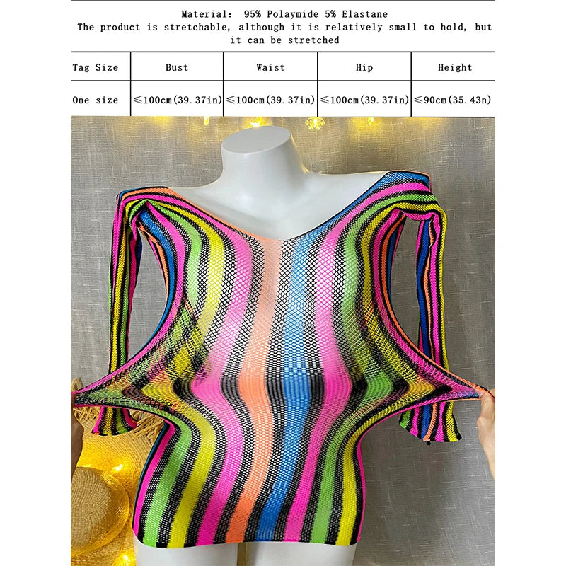 1PC Women Fishnet Cover Up Without Bikini Sexy Lingerie See Through Hollow Out Bodycon Dress Long Sleeve Beachwear CT011