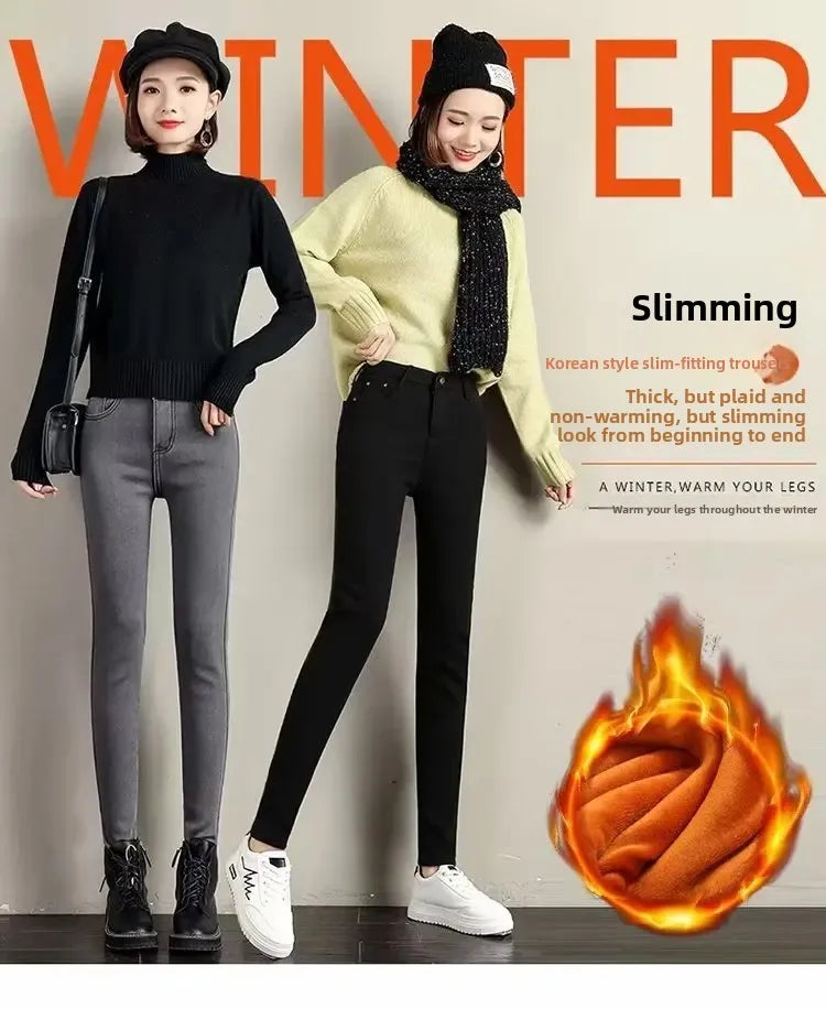 High Waist Fleece Lined Skinny Jeans Women's Autumn Winter New Style Pure Color Slimming Tight Fit Ankle Length Pants