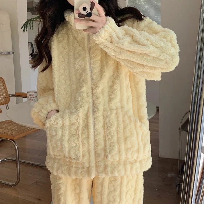 Large Size Flannel Pajamas Set Autumn Winter Female Sleepwear Trouser Suit Thicken Coral Fleece High Collar Lounge Wear Homewear