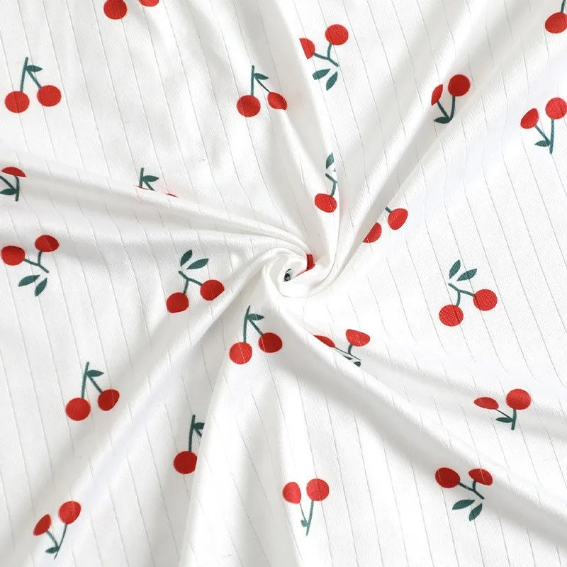 Women's Summer Fall V-neck Lace Cherry Print Pajama Set Slim Fit Short Sleeve Shorts & Pants Home Loungewear