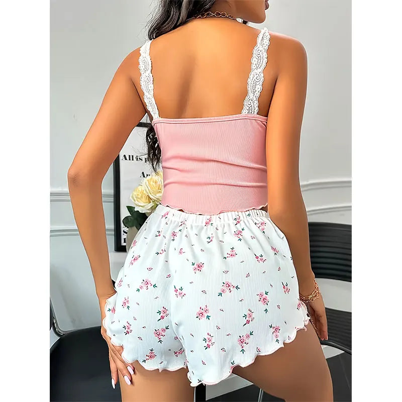 Women Sexy Underwear Lace V-neck Corset Vest Shorts Sleepwear Intimates Slim Fit 2-Piece Home Outfit Luxury Bra Lingerie Pajama
