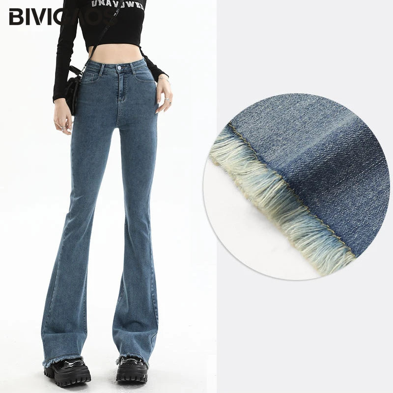 BIVIGAOS 2025 New Autumn Spring Micro Flared Jeans Women High Waist Slim Tight Retro Tassel Hem Stretch Denim Horseshoe Pants