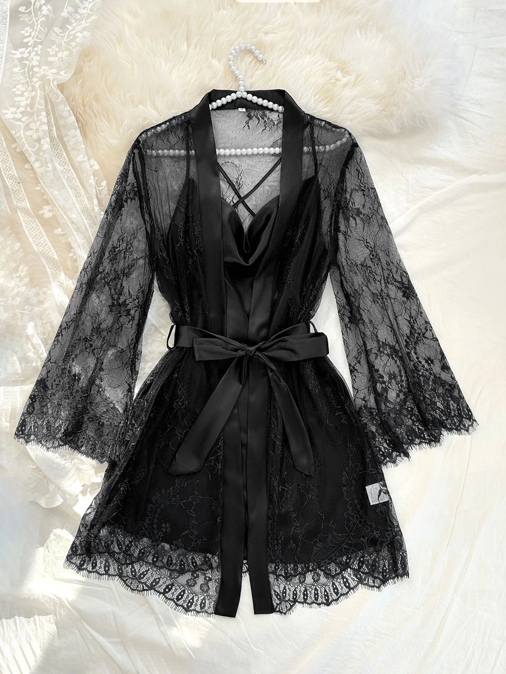 Sexy Elegant Pure Color Mesh Nightgown Set Transparent Lace Robe Sleepwear Casual Comfortable Women's pajamas