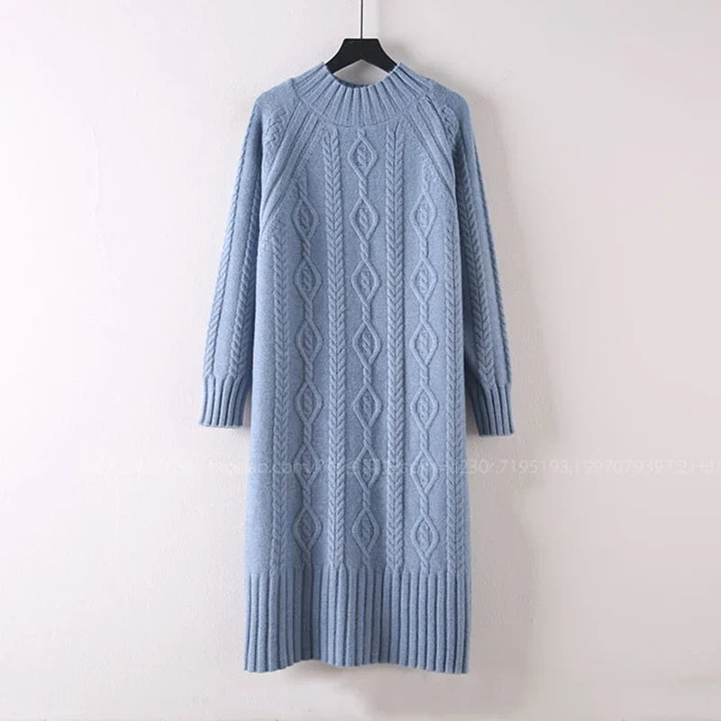 Winter Thicken Plush Velvet Lined Sweater Dress Women's Fall Half Turtleneck Rib Knit Bottom Dresses Elegant Warm Vestido Midi