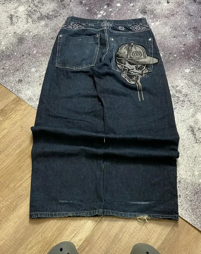Street American skull pattern pocket printed high waist jeans summer casual niche trend fashionable hip-hop wide-leg trousers