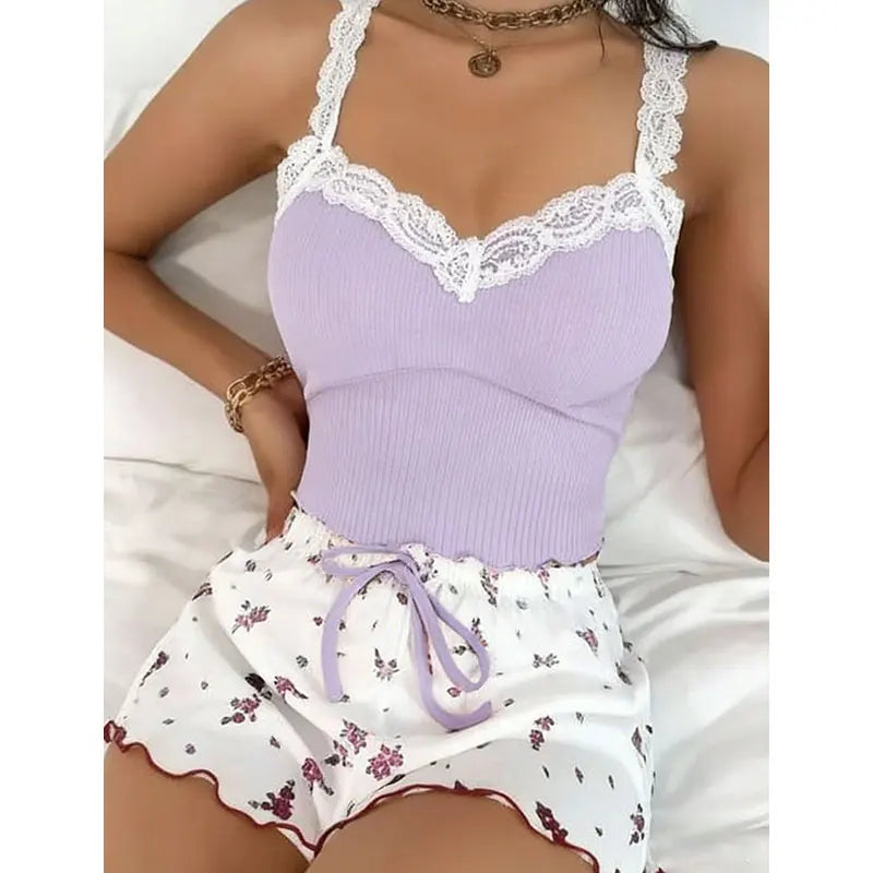 Women Sexy Underwear Lace V-neck Corset Vest Shorts Sleepwear Intimates Slim Fit 2-Piece Home Outfit Luxury Bra Lingerie Pajama