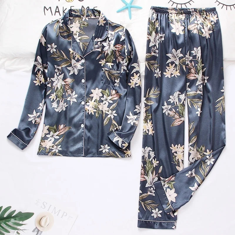 Spring Autumn pajama women Silk Satin pajamas set Long sleeve Shirt with Trouser Sleepwear Loungewear Female Pyjamas Suits Mujer